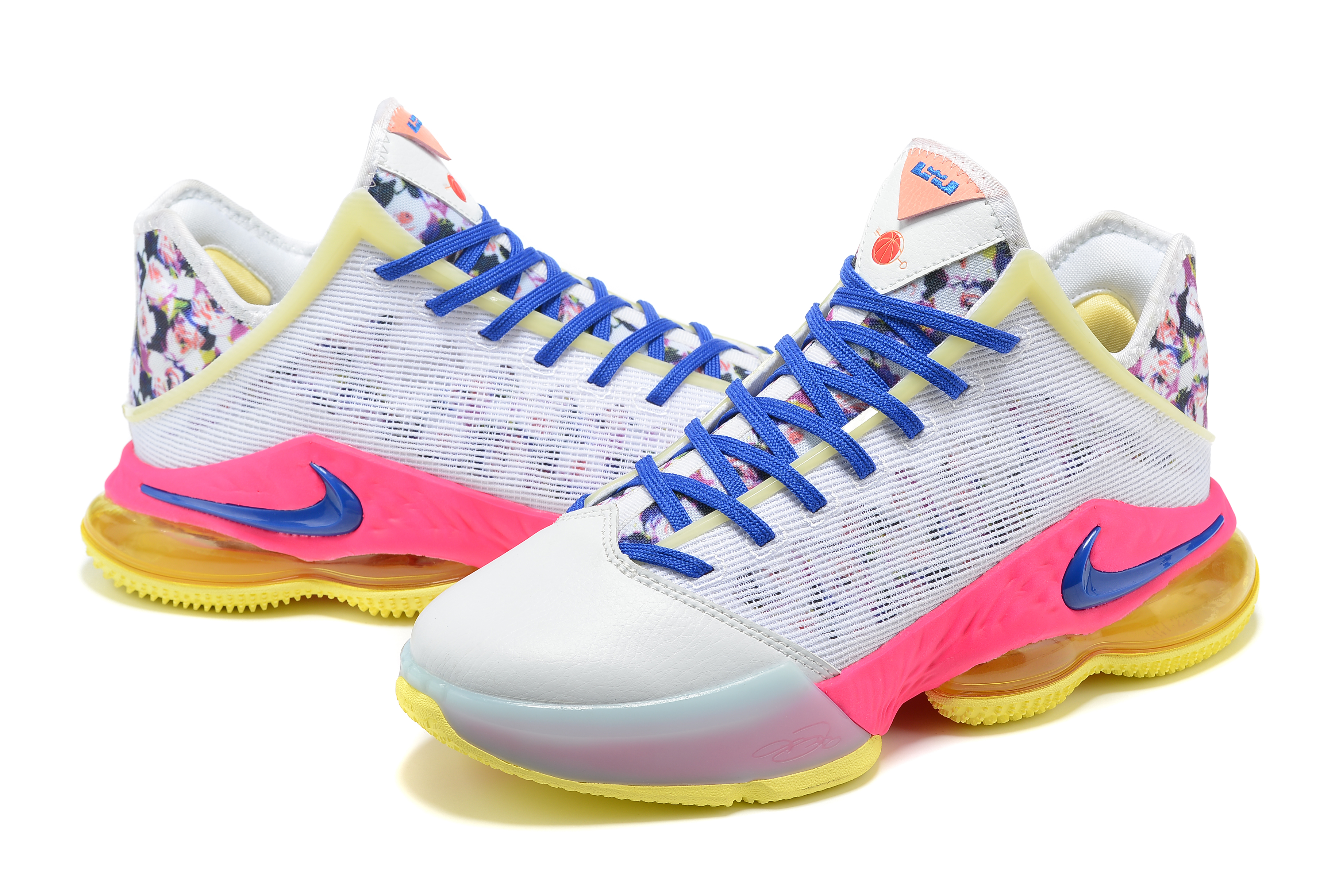 2022 Nike LeBron 19 Low White Pink Blue Yellow Shoes - Click Image to Close